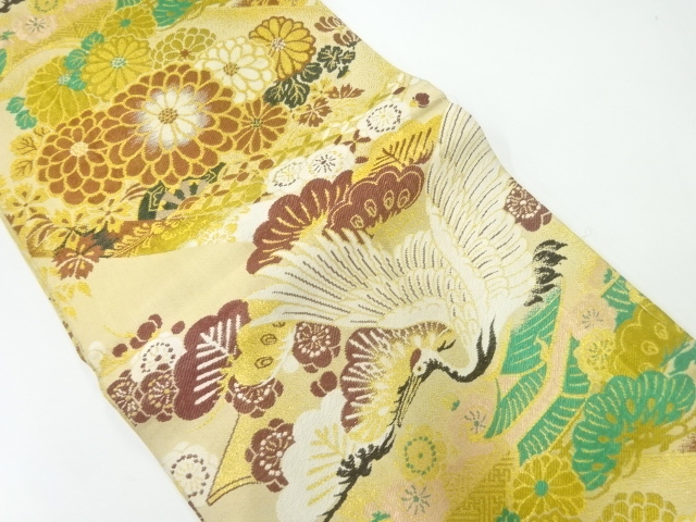 JAPANESE KIMONO / ANTIQUE MARU OBI / WOVEN PINE & CRANE & KIKU